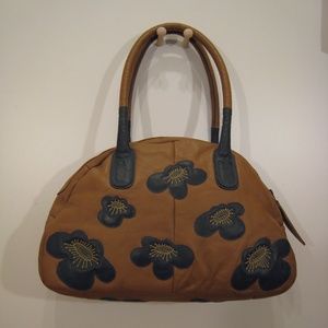 Rutadesign European Tan and Blue Leather Handbag and Cosmetic Bag